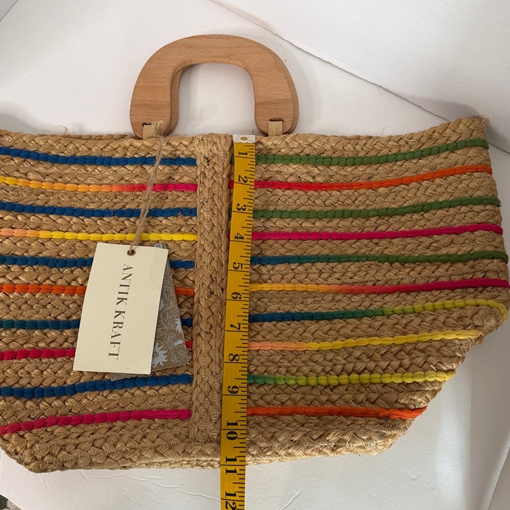 Antik Kraft Handwoven Jute Tote with Colorful Stripe Accents NWT - Picture 16 of 16